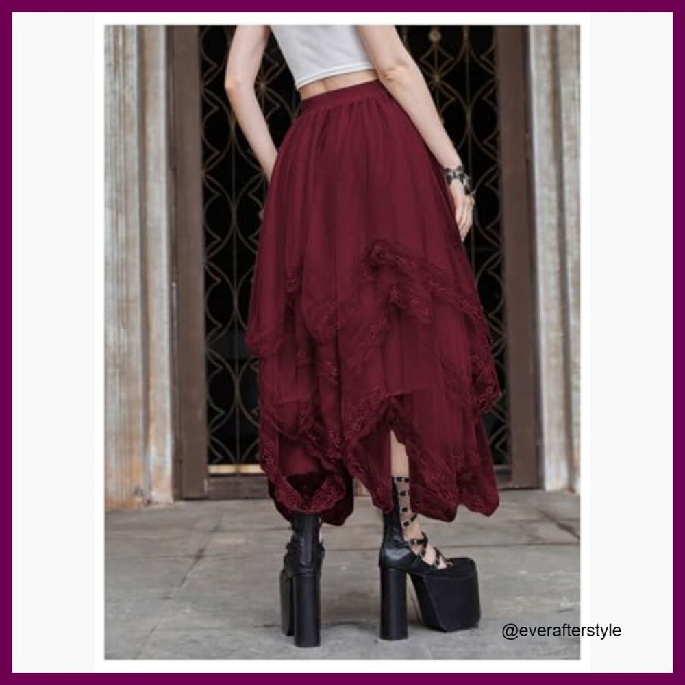 Lace Trim Mesh Tulle Skirt High Waist Asymmetrical Long Goth - Picture 2 of 5